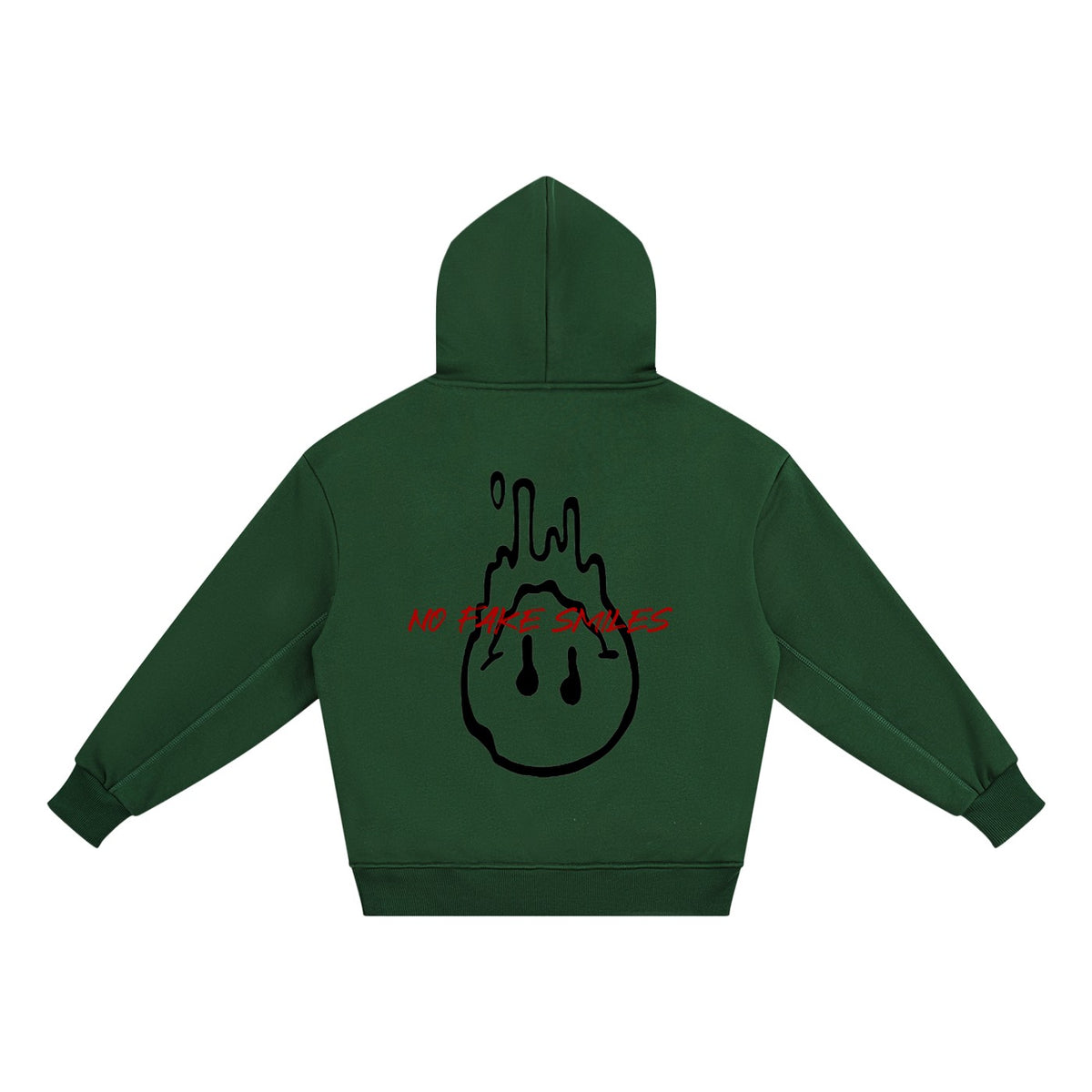 No Fake Smiles kids' dark green fleece hoodie with a black melting smiley face graphic and red text on the back.