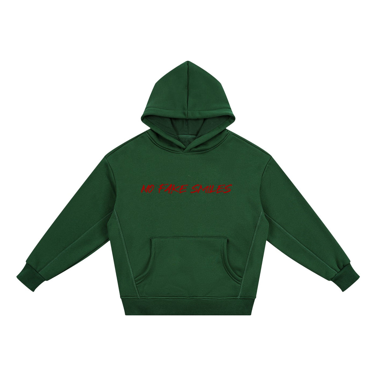 No Fake Smiles kids' dark green fleece hoodie with drop shoulders, a front pocket, and red chest logo text.