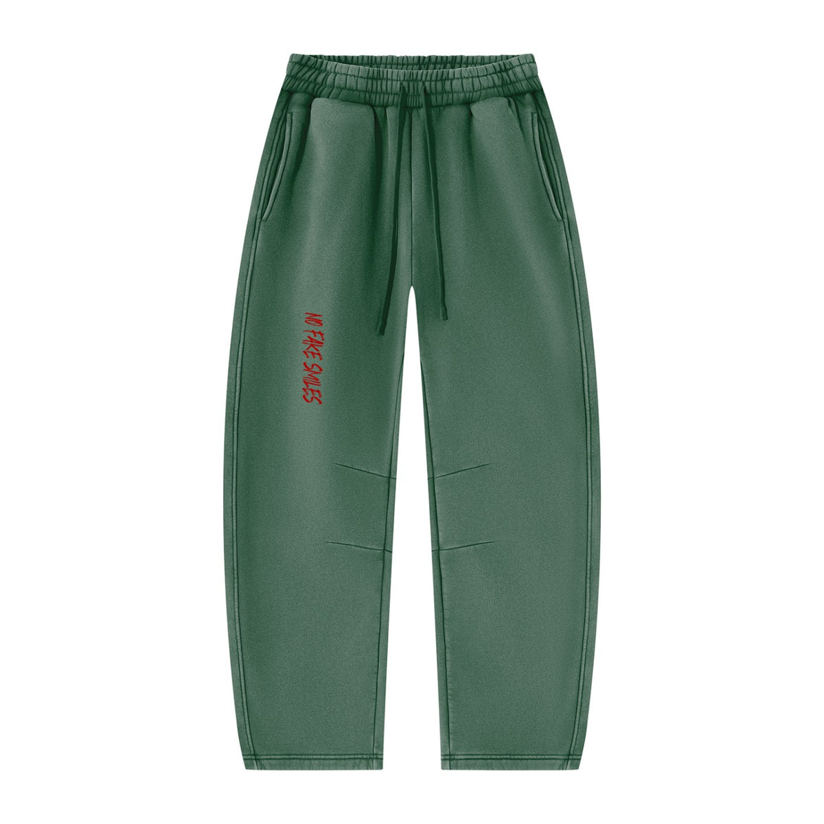 No Fake Smiles vintage wash forest green barrel leg fleece sweatpants with red graphic detail and drawstring waist