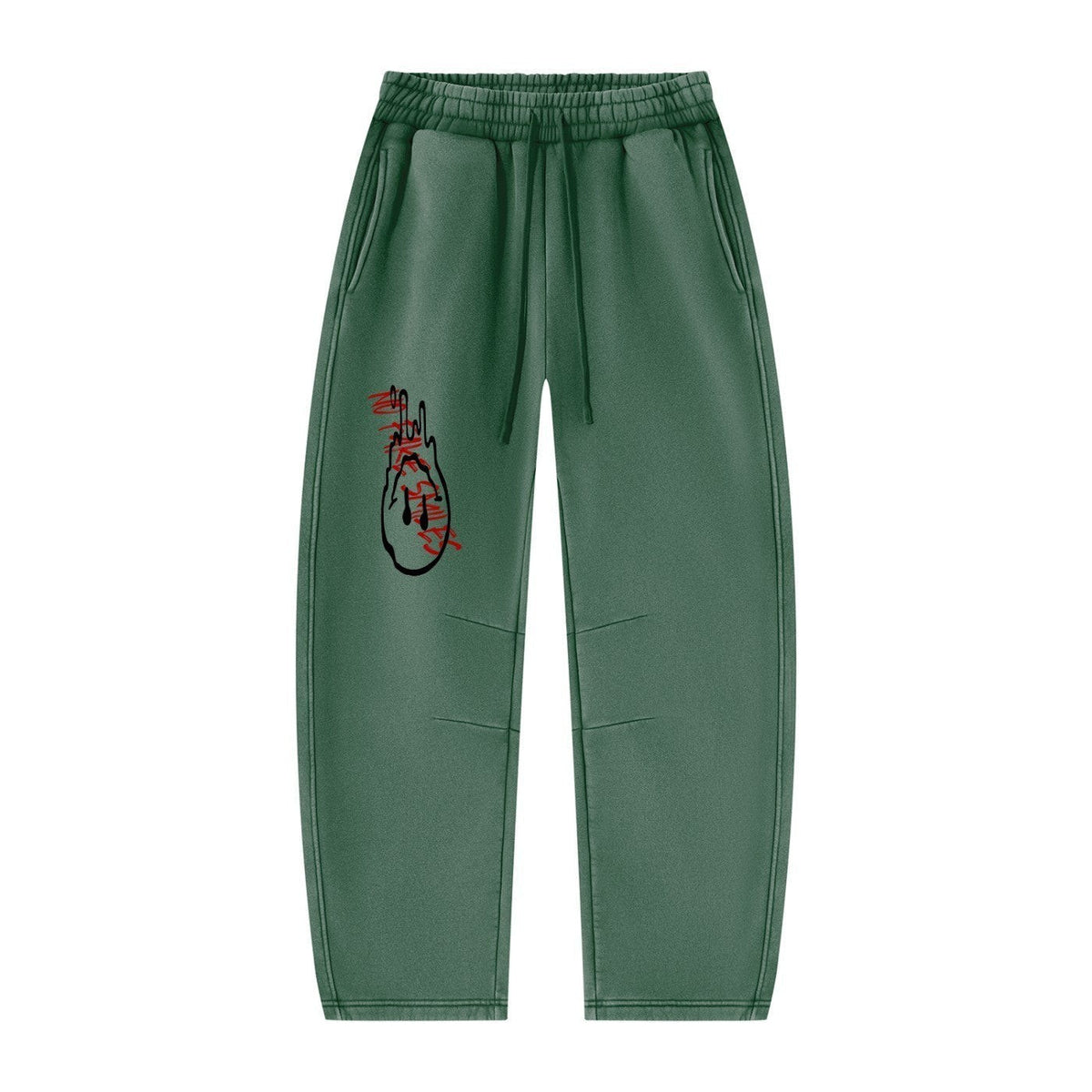 No Fake Smiles dark green fleece lounge sweatpants with a red and black graphic print on the leg and drawstring waist
