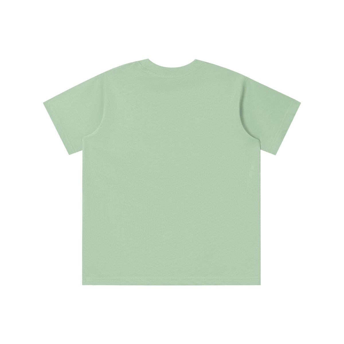Back view of a light green No Fake Smiles kids' short-sleeve cotton t-shirt with a loose, casual fit.