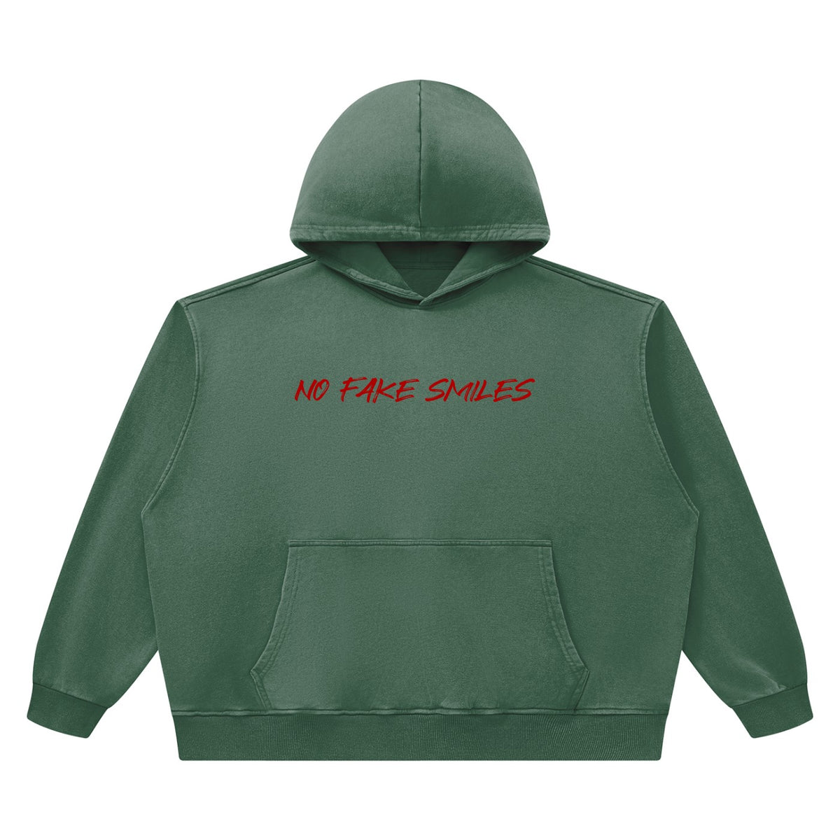 No Fake Smiles heavyweight green cotton hoodie with a vintage wash, boxy fit, and red letter chest graphic.