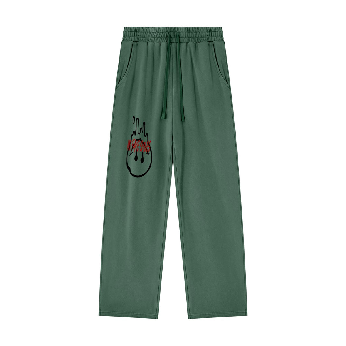 No Fake Smiles heavyweight green cotton sweatpants with a vintage wash, drawstring waist, and black graphic print.