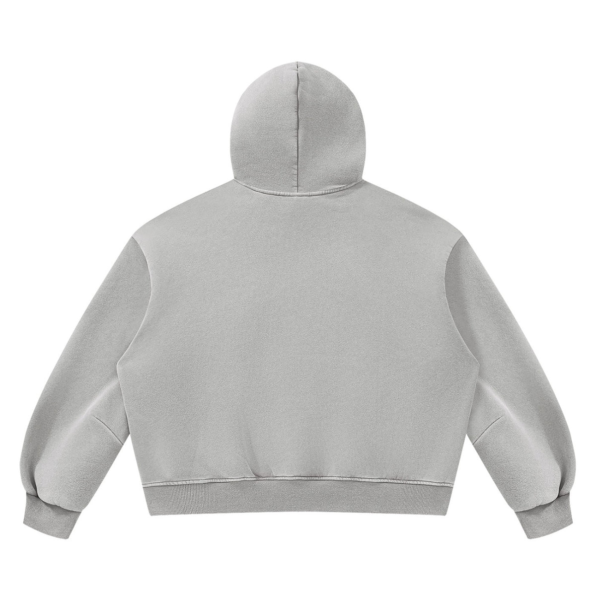 Back view of a grey No Fake Smiles vintage wash boxy fleece hoodie with drop shoulders and ribbed hem.