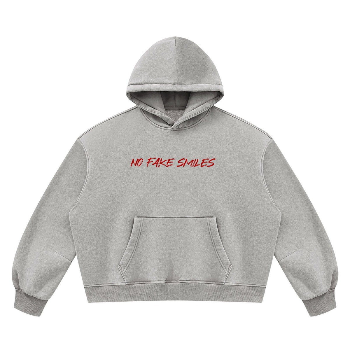 No Fake Smiles grey heavyweight fleece hoodie with a boxy fit, kangaroo pocket, and red distressed front graphic.