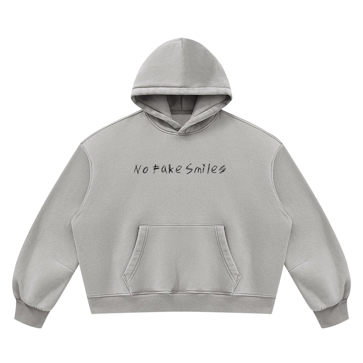 No Fake Smiles grey vintage wash boxy fleece hoodie with drop shoulders, front patch pocket, and ribbed trim.