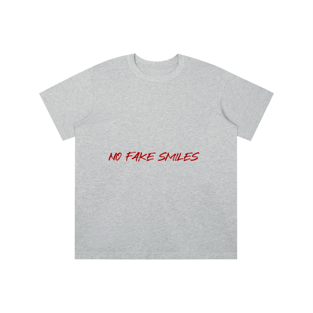 No Fake Smiles grey short-sleeve cotton t-shirt with red text graphic, featuring a loose fit and round neck.