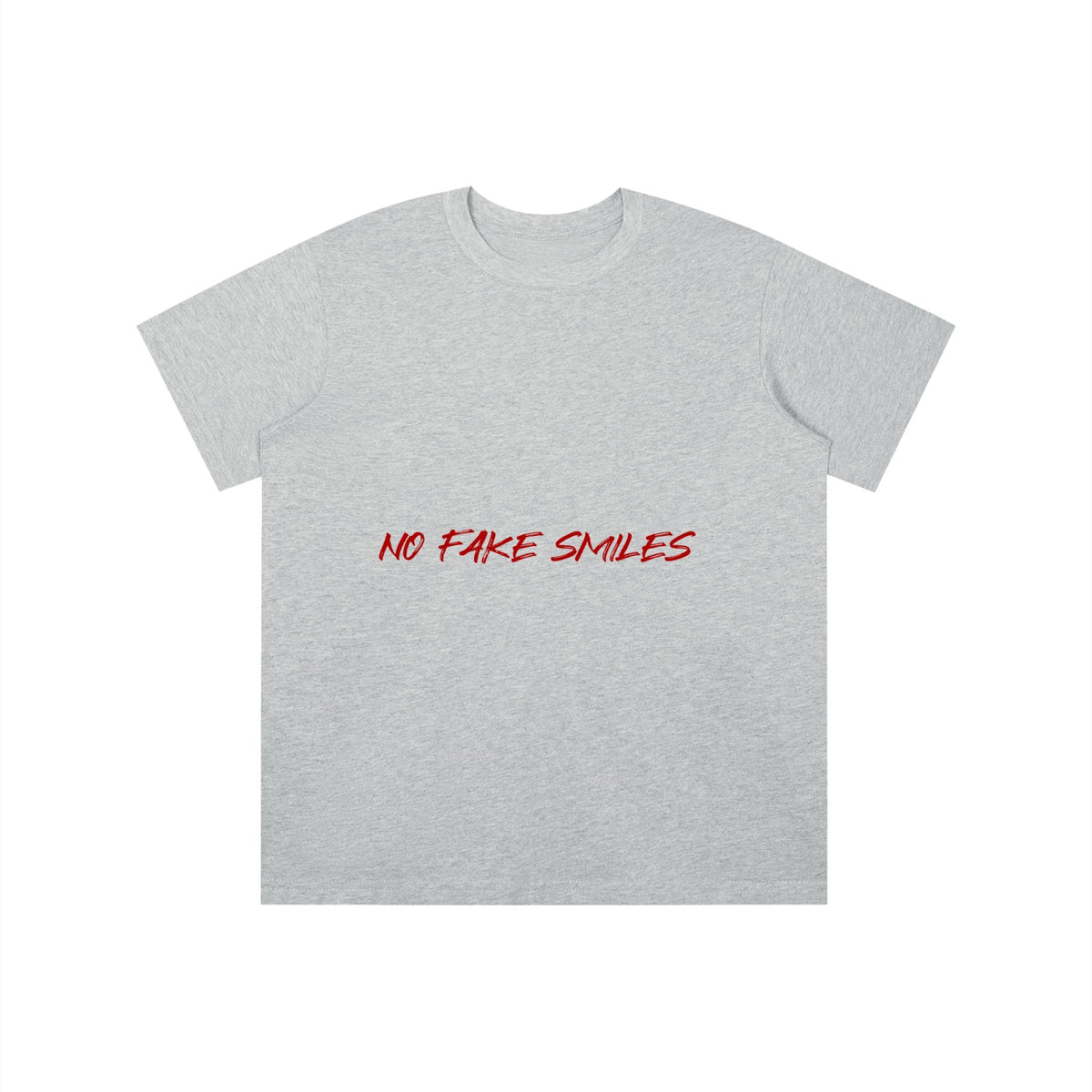 No Fake Smiles grey short-sleeve cotton t-shirt with red text graphic, featuring a loose fit and round neck.