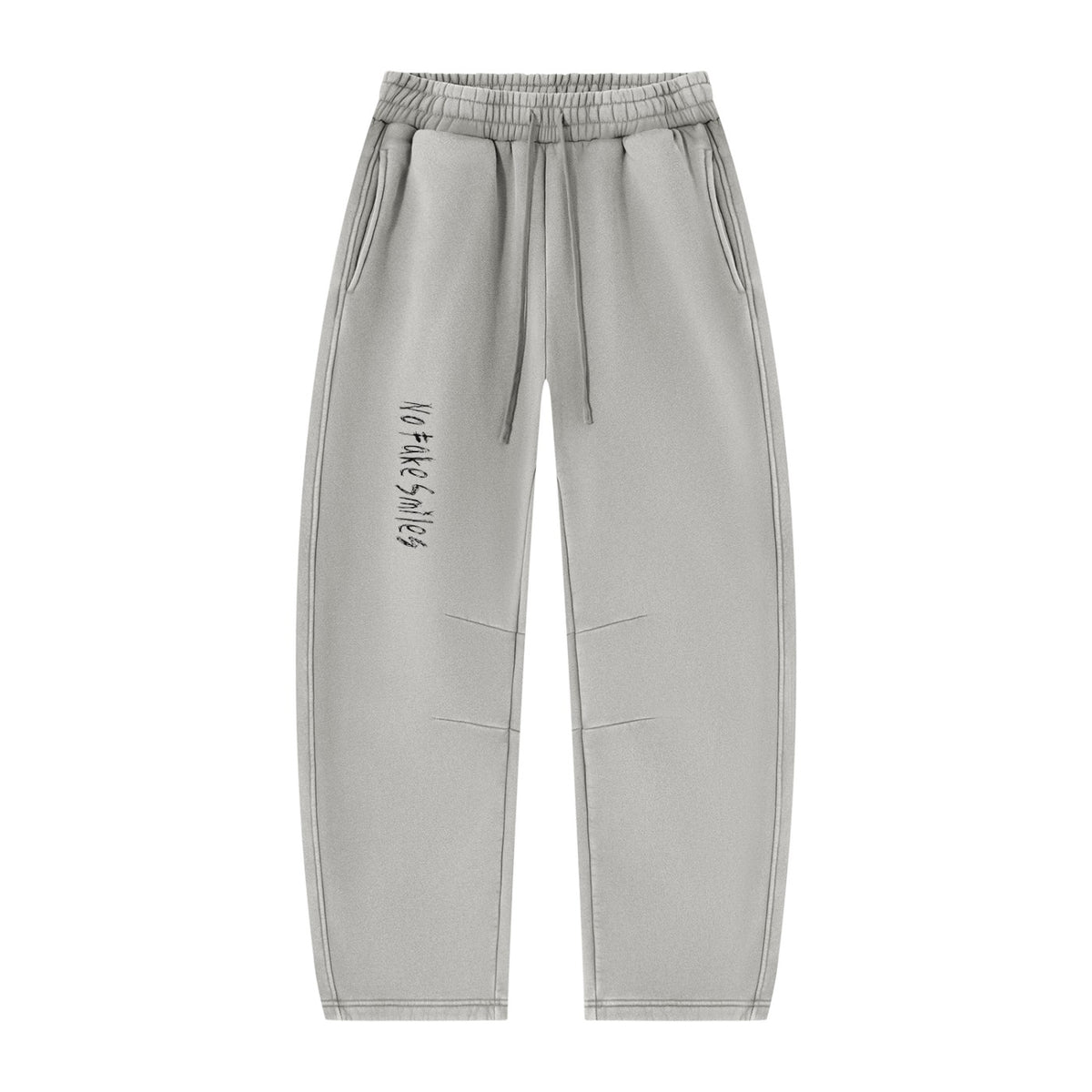 No Fake Smiles grey vintage wash fleece sweatpants with a barrel leg silhouette, drawstring waist, and front pleats.