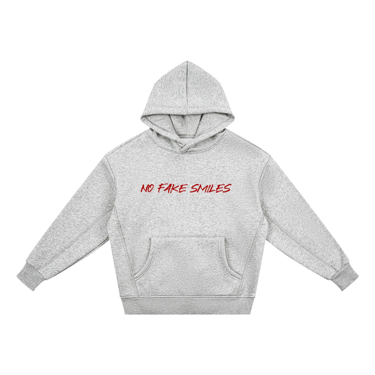 No Fake Smiles grey fleece hoodie for kids with a drop shoulder, hood, and front pocket, featuring red text branding.