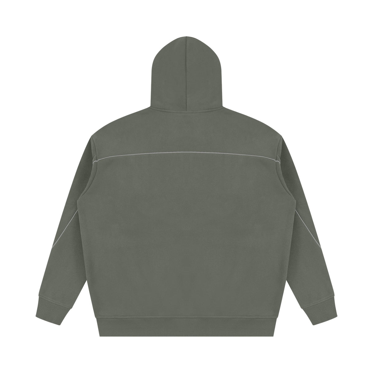 No Fake Smiles oversized grey fleece hoodie with drop shoulders, subtle piping details, and ribbed cuffs.