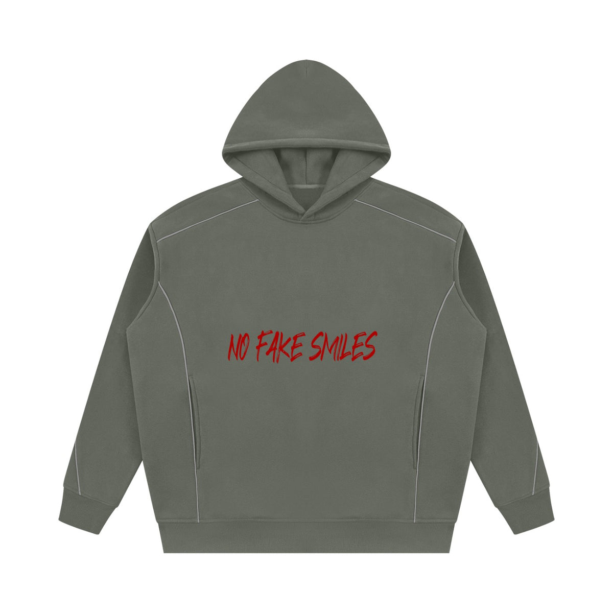 No Fake Smiles oversized grey fleece hoodie with red text print, drop shoulders, and subtle piping details.