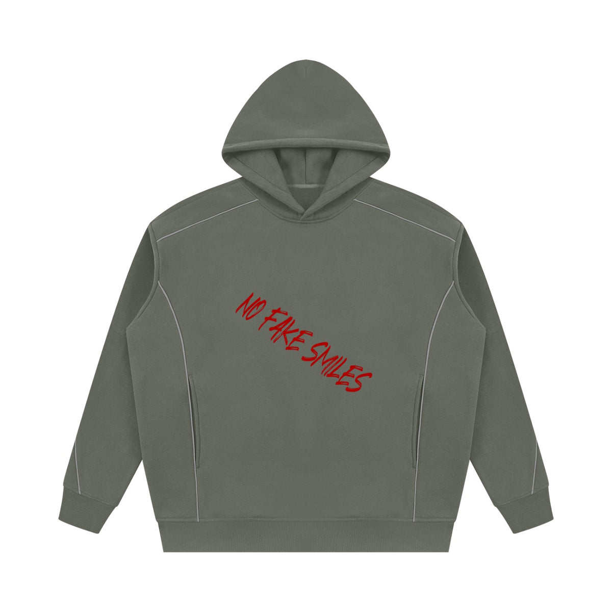 No Fake Smiles oversized grey fleece hoodie with slanted red text and subtle piping details.