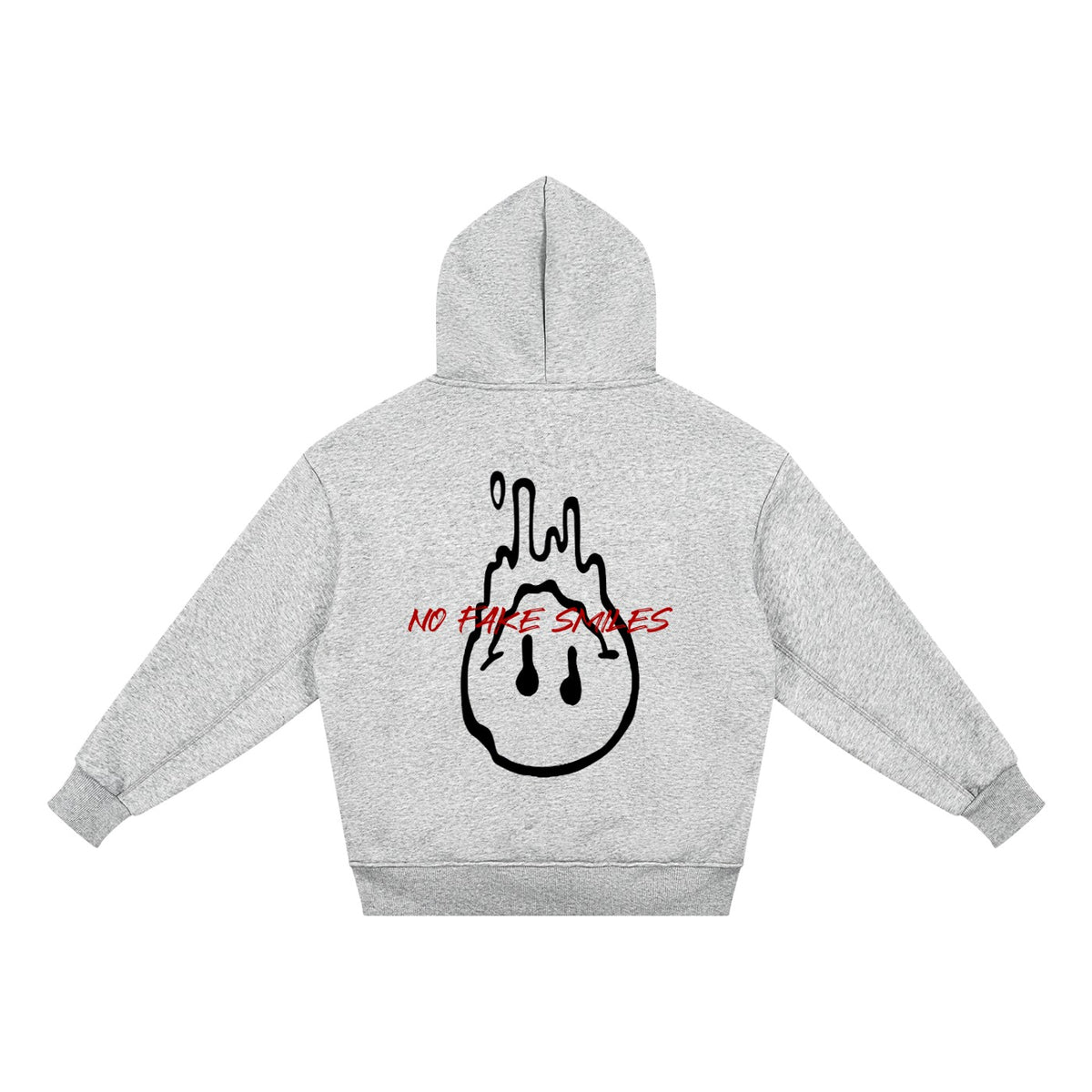 No Fake Smiles kids' grey fleece hoodie with a black melting smiley face graphic and red text on the back