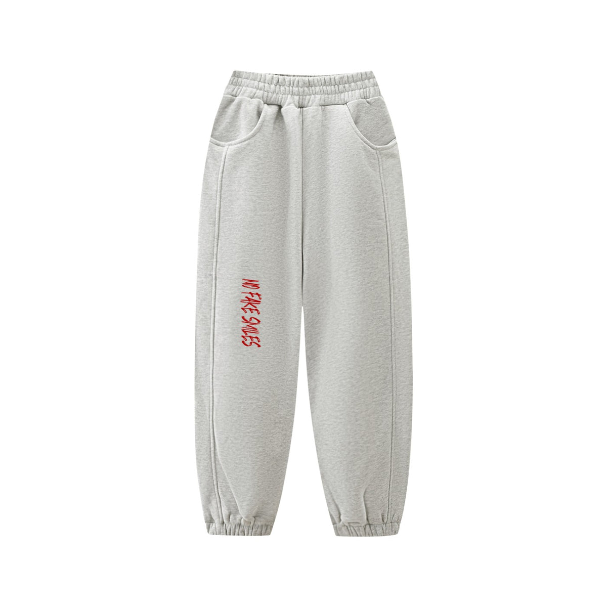 No Fake Smiles kids' grey fleece sweatpants with elastic waist, side pockets, and red logo print on the leg.