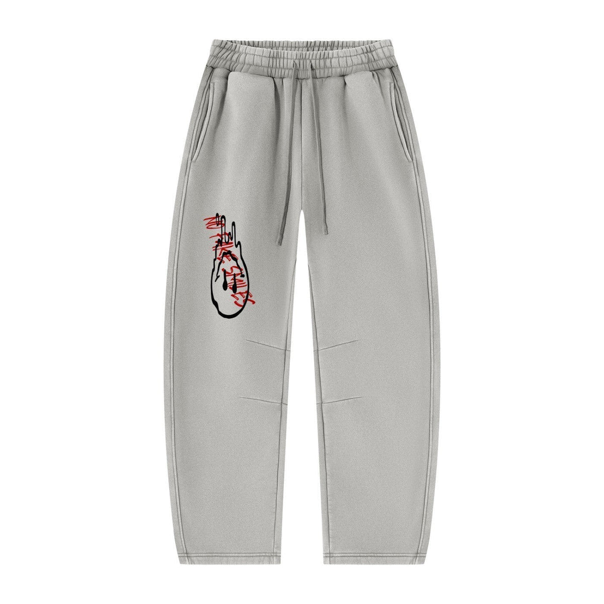 No Fake Smiles grey fleece lounge sweatpants with a red and black graphic print on the leg and drawstring waist.