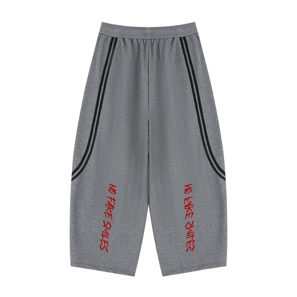 No Fake Smiles grey wide leg sweatpants with black piping detail and red graphic text on the front