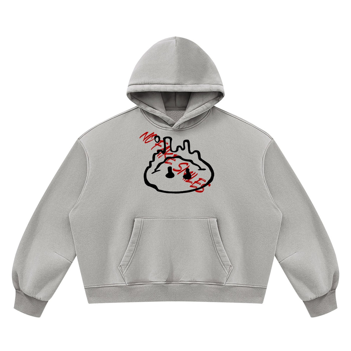 No Fake Smiles grey vintage wash boxy fleece hoodie with drop shoulders, front pocket, and red graphic logo print.
