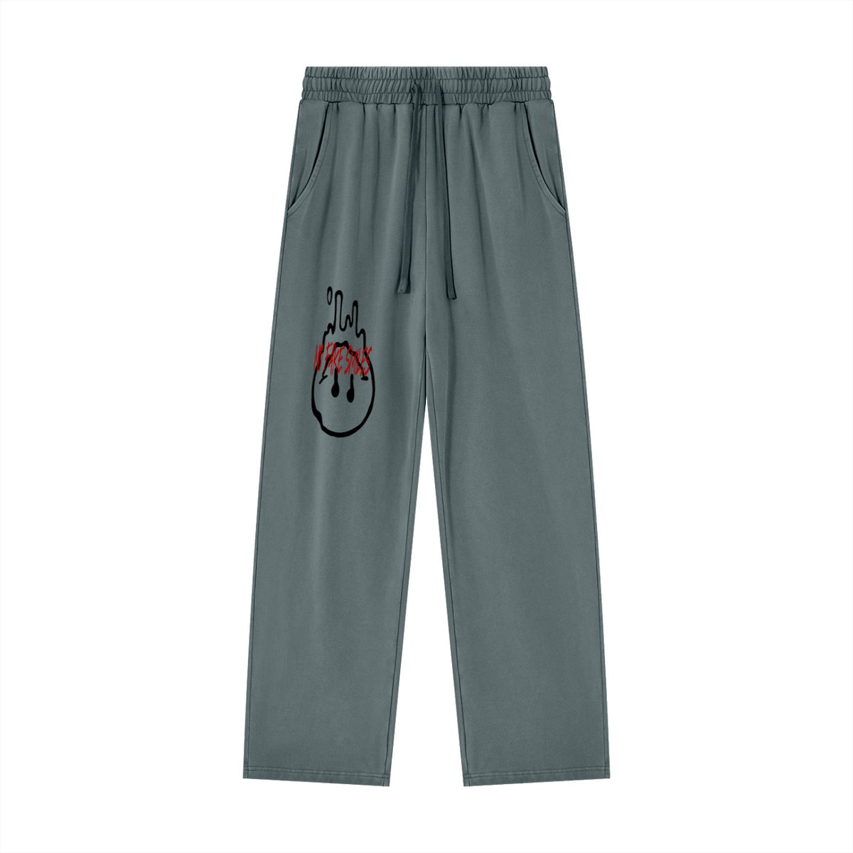 No Fake Smiles heavyweight vintage wash grey sweatpants with a black and red dripping smiley face graphic.