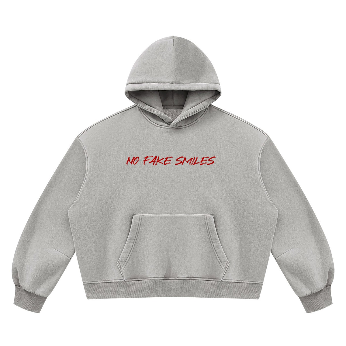 No Fake Smiles grey vintage wash boxy fleece hoodie with drop shoulders and front pocket