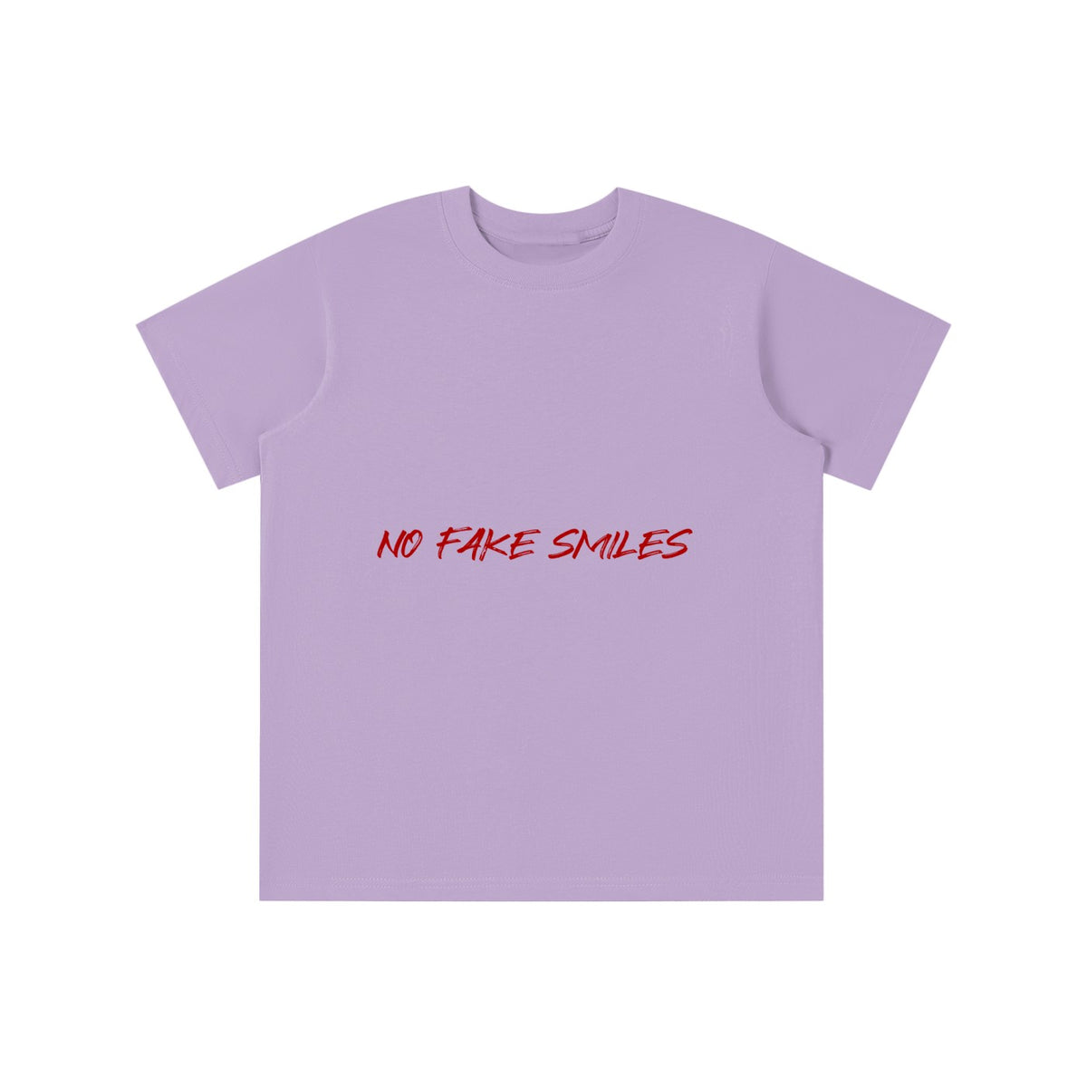 No Fake Smiles kids' lavender short-sleeve cotton t-shirt with a round neck and red graphic print