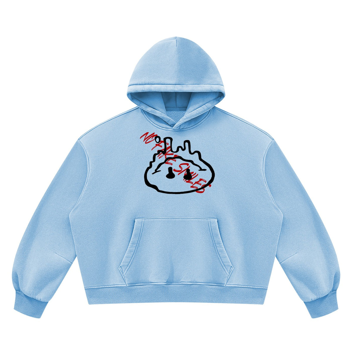 No Fake Smiles light blue boxy fleece hoodie with a graphic print, drop shoulders, and a front patch pocket.