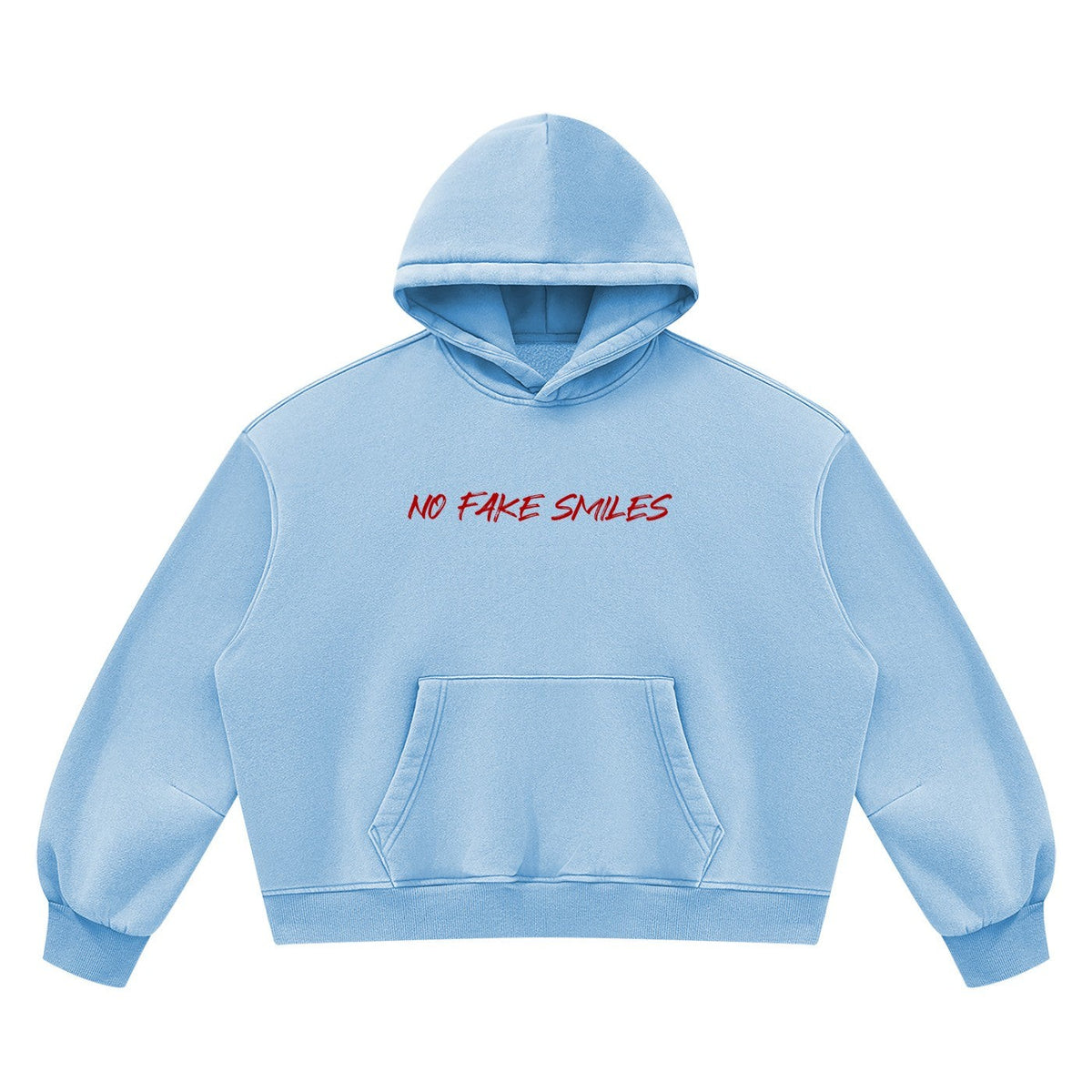No Fake Smiles light blue boxy fleece hoodie with red text graphic on chest, kangaroo pocket, and ribbed hem.