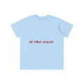 No Fake Smiles light blue cotton kids' t-shirt with a round neck, short sleeves, and red text graphic on the front.