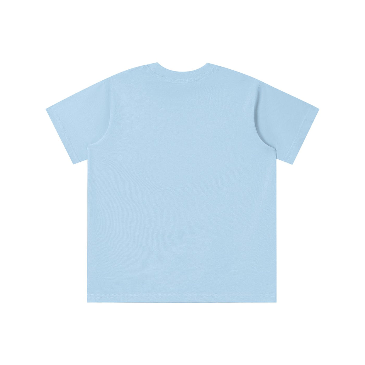 No Fake Smiles light blue kids' short-sleeve cotton t-shirt with a round neck and loose fit, back view.