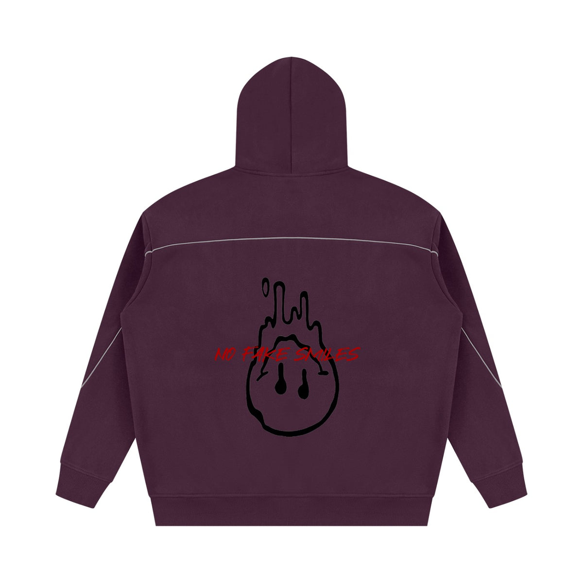 Back view of a No Fake Smiles oversized purple fleece hoodie with a black melting smiley face and red text graphic.