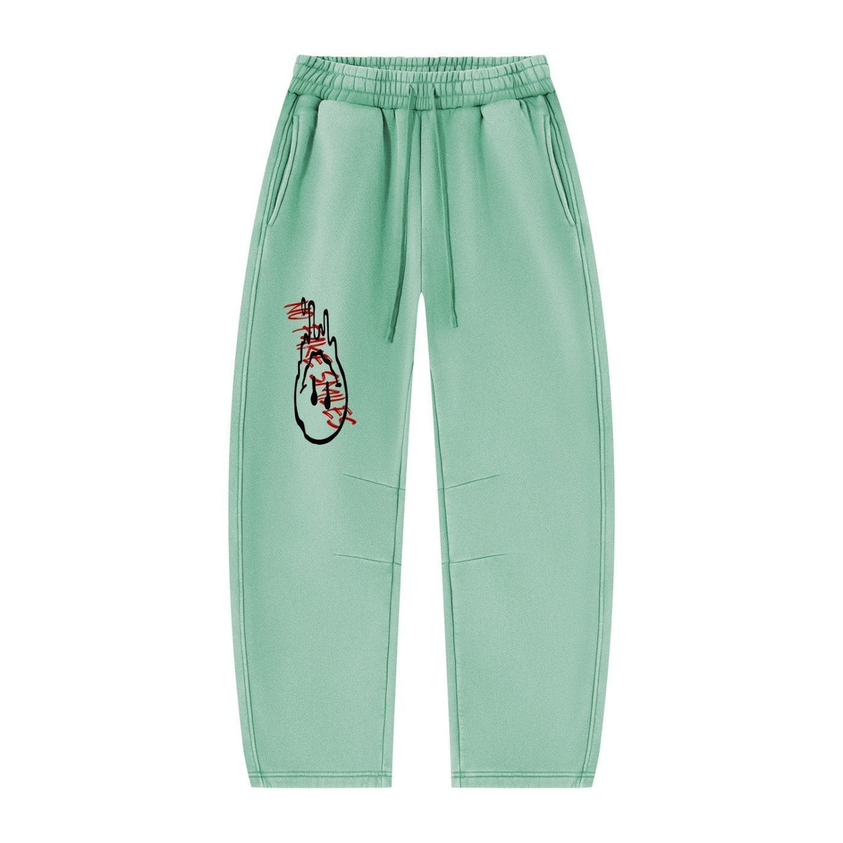 No Fake Smiles mint green fleece sweatpants with an artistic red and black graphic print on the leg and drawstring