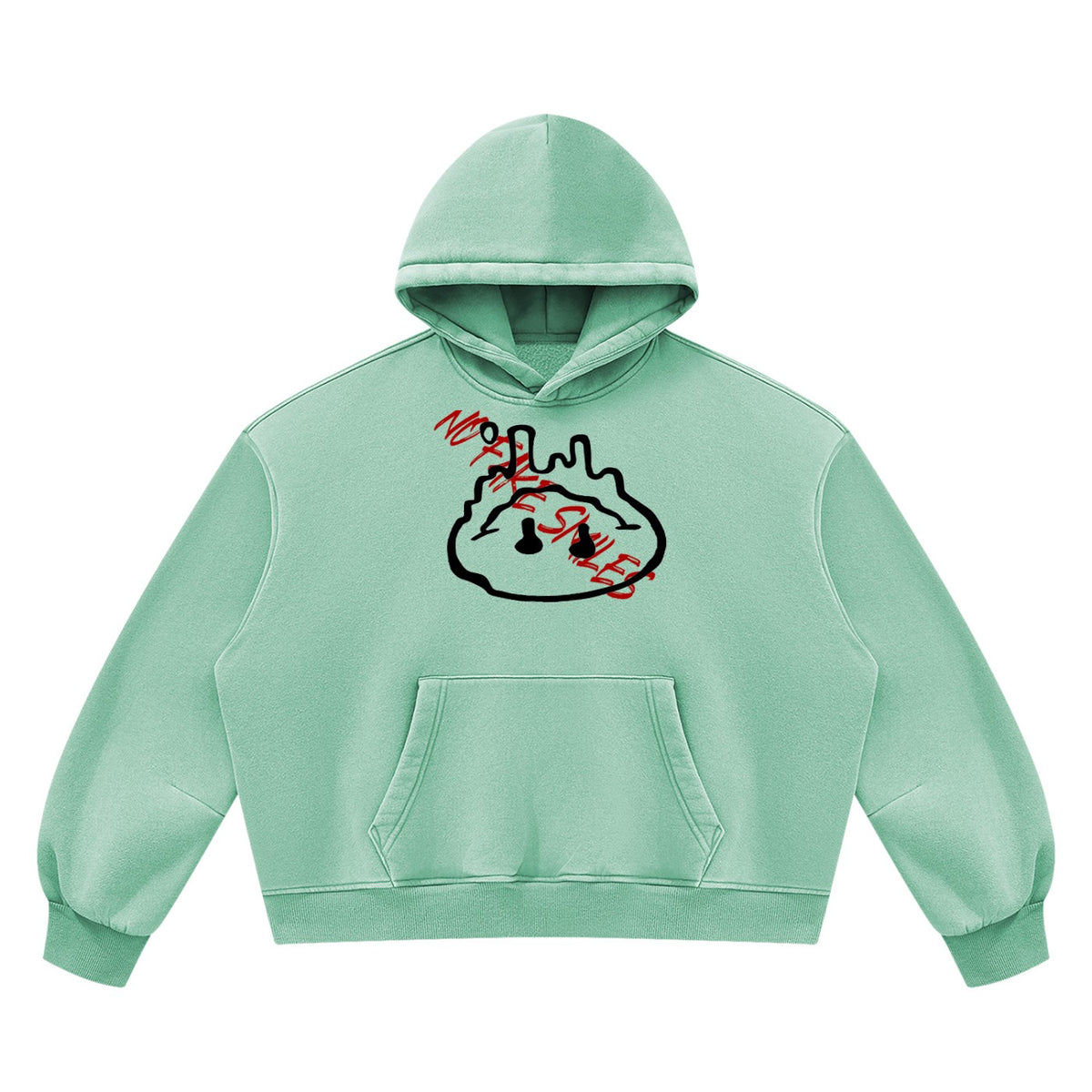 No Fake Smiles mint green oversized fleece hoodie with a boxy fit, drop shoulders, and a graphic chest print.