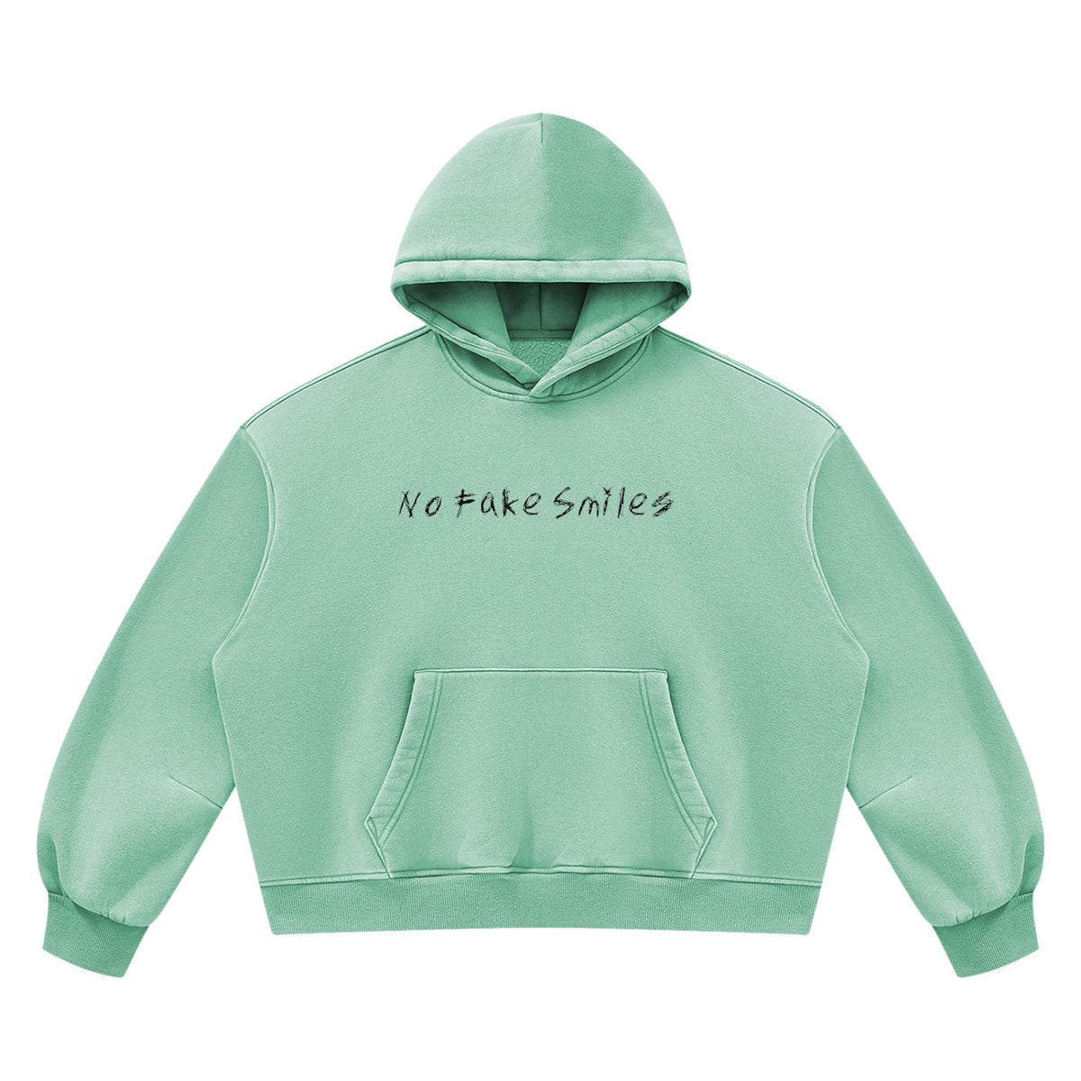 No Fake Smiles mint green vintage wash boxy fleece hoodie with drop shoulders and a front kangaroo pocket.