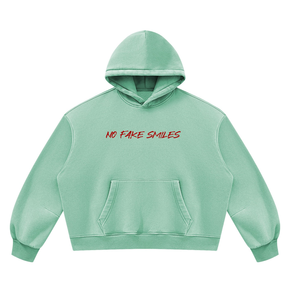 No Fake Smiles mint green vintage wash boxy fleece hoodie with drop shoulders and a front kangaroo pocket.