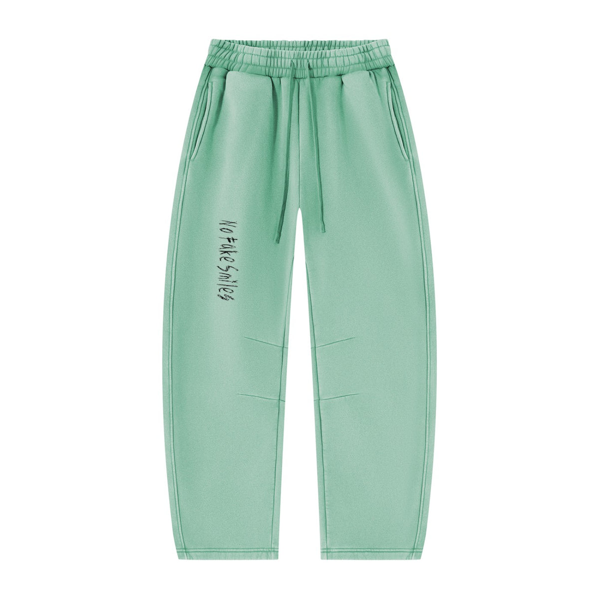No Fake Smiles vintage wash mint green barrel leg fleece sweatpants with drawstring waist and front pleat detail.