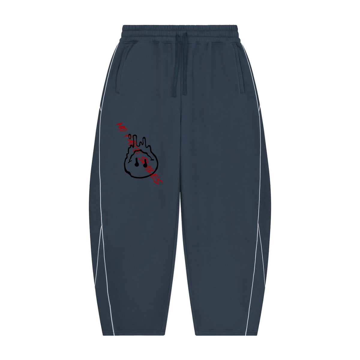 No Fake Smiles navy blue fleece barrel leg sweatpants with white piping and a red slanted letter graphic print.