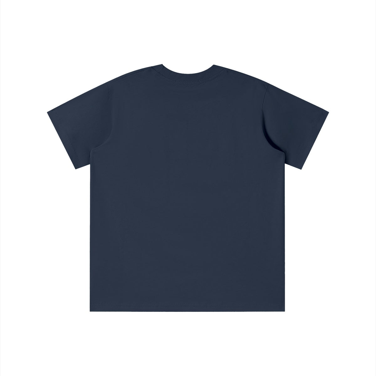 Back view of a plain navy blue No Fake Smiles kids' short-sleeve cotton t-shirt with a loose fit and round neck.