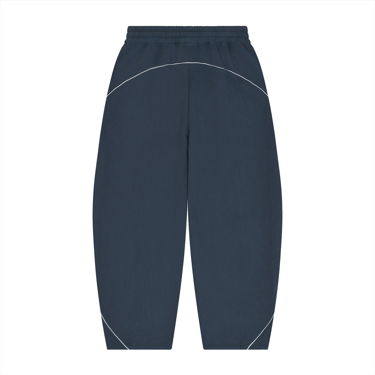 No Fake Smiles navy blue fleece barrel leg sweatpants with white piping details and a high-rise drawstring waist.