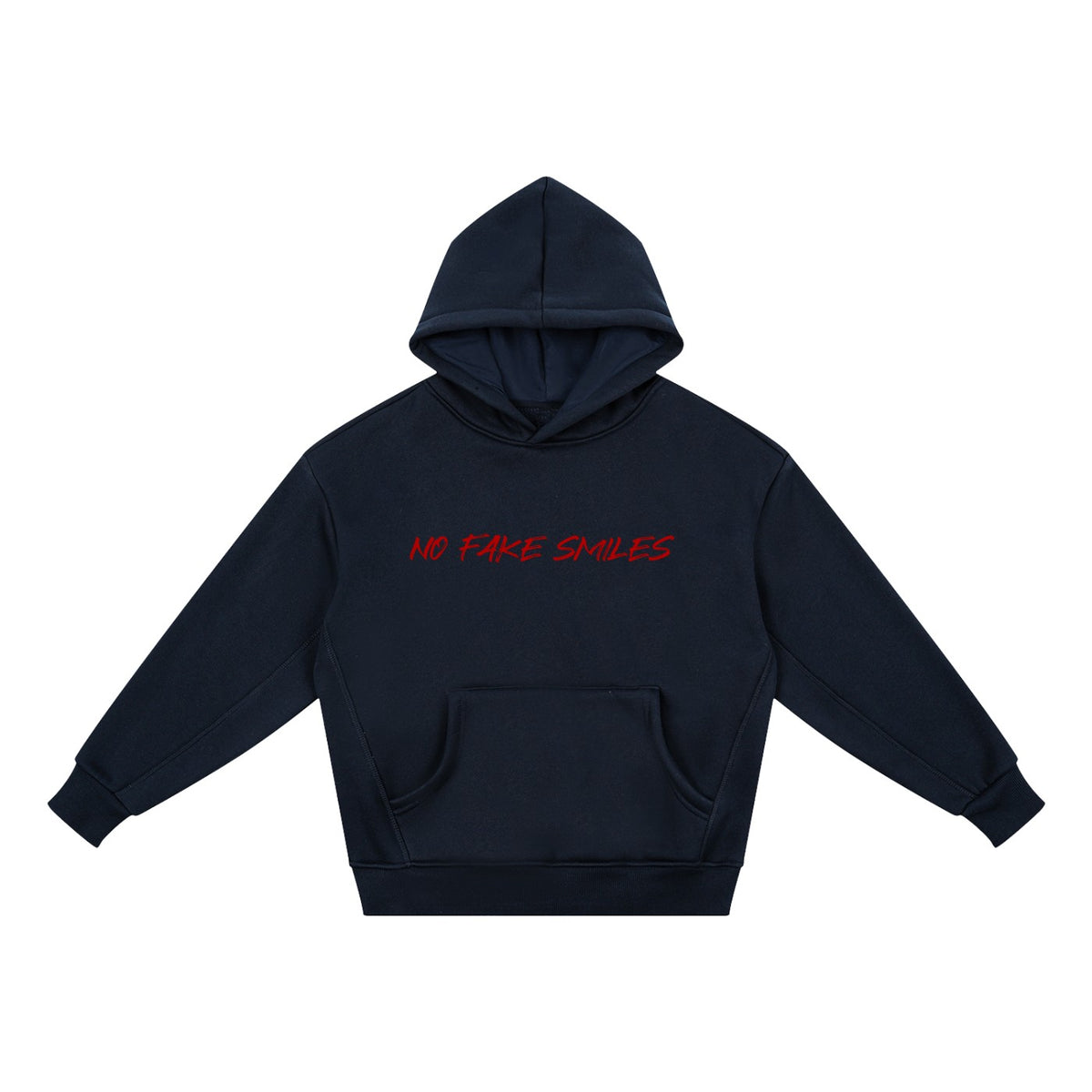 No Fake Smiles kids' navy blue fleece hoodie with a drop shoulder, hood, and front pocket, featuring red logo text.