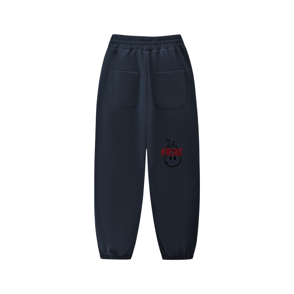 No Fake Smiles kids' navy blue fleece sweatpants with an elastic waist, back pockets, and a graphic print.