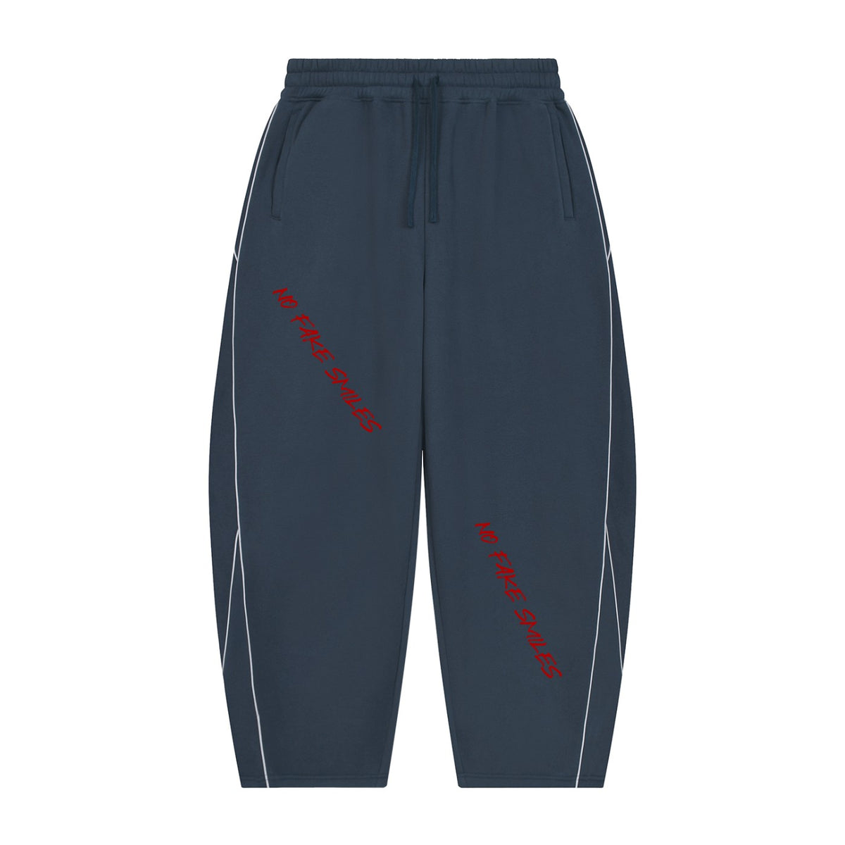 No Fake Smiles navy blue fleece sweatpants with barrel leg silhouette, white piping, and red slanted text graphics.