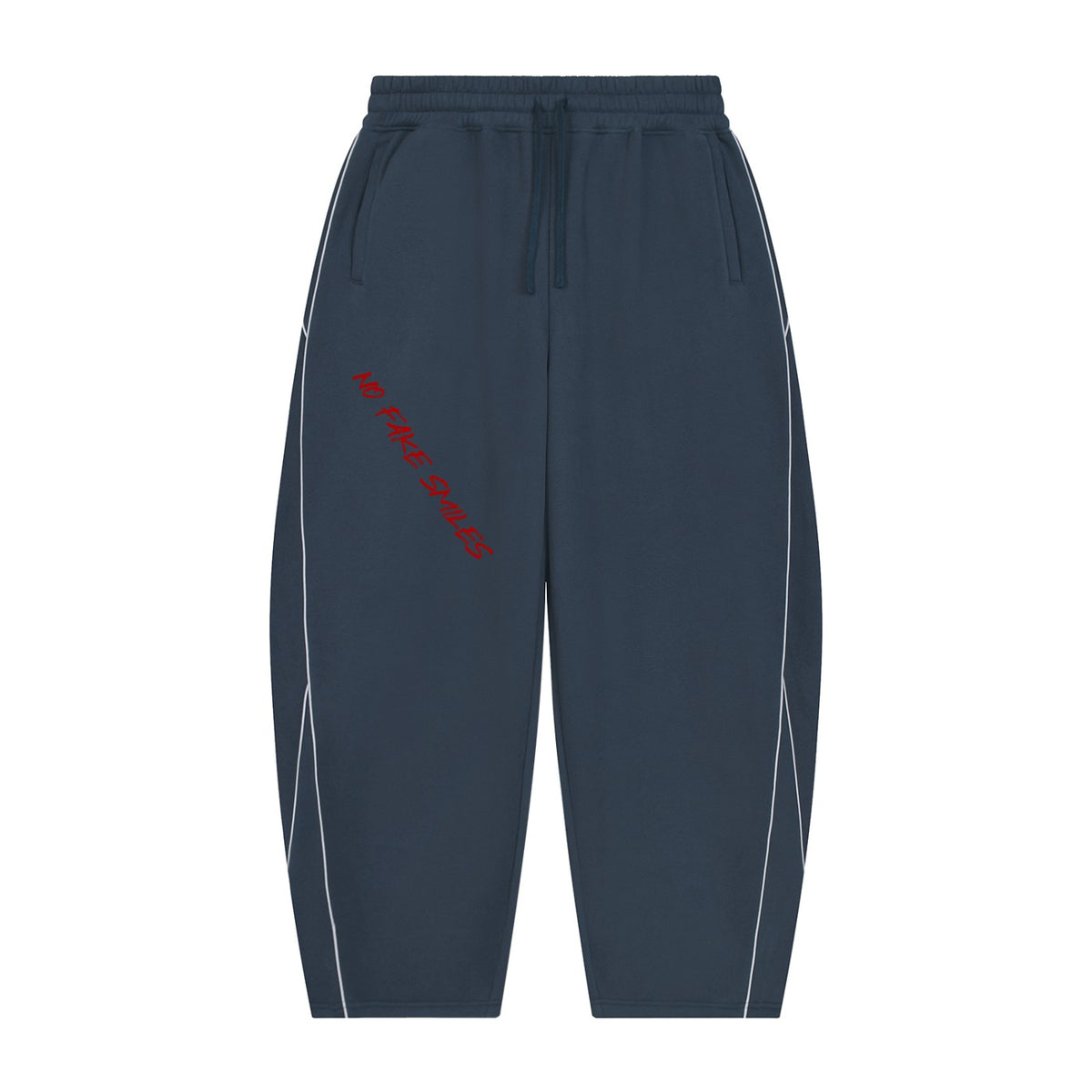 No Fake Smiles navy blue fleece sweatpants with barrel leg silhouette, white piping details, and slanted red text.