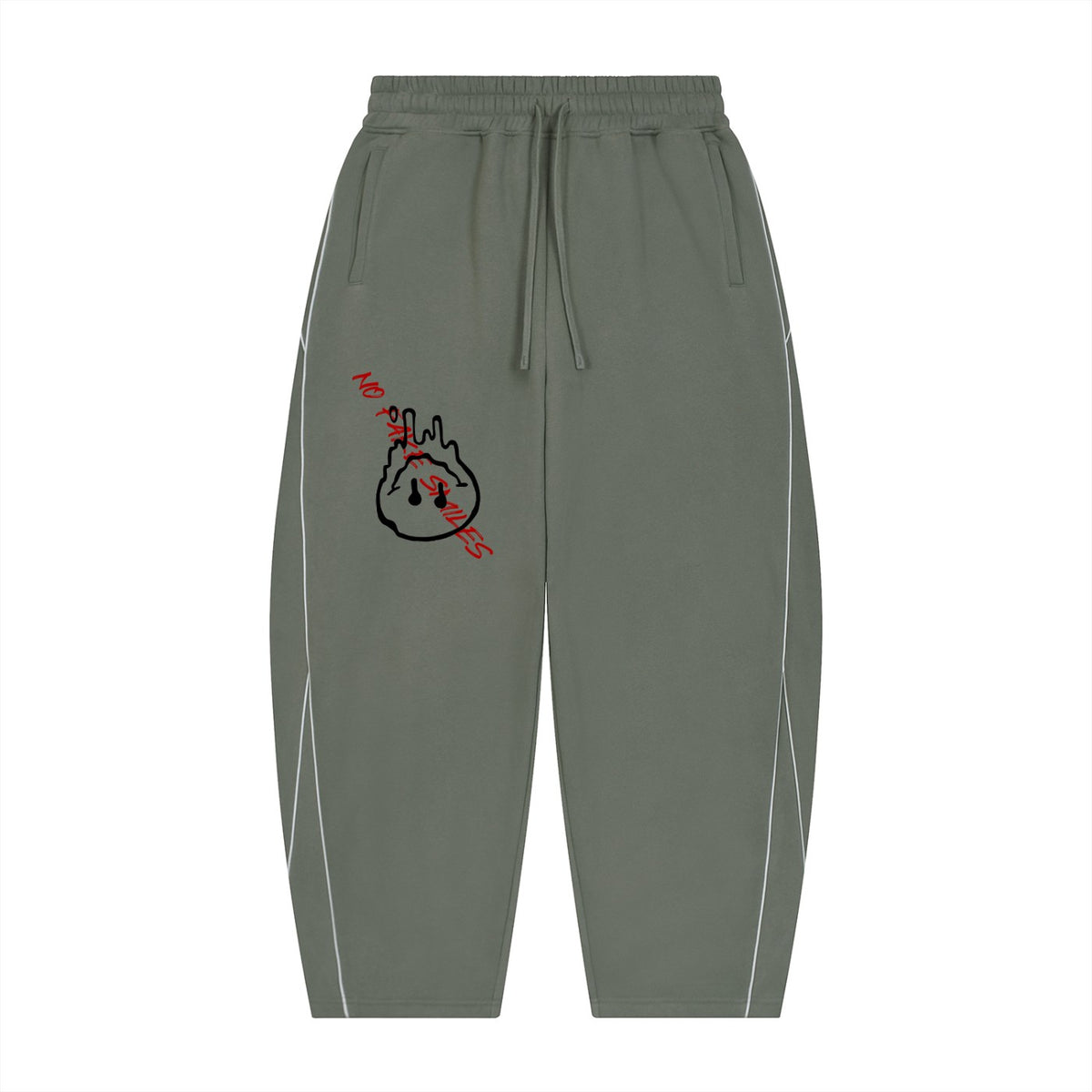 No Fake Smiles olive green fleece barrel leg sweatpants with white piping and slanted red graphic print