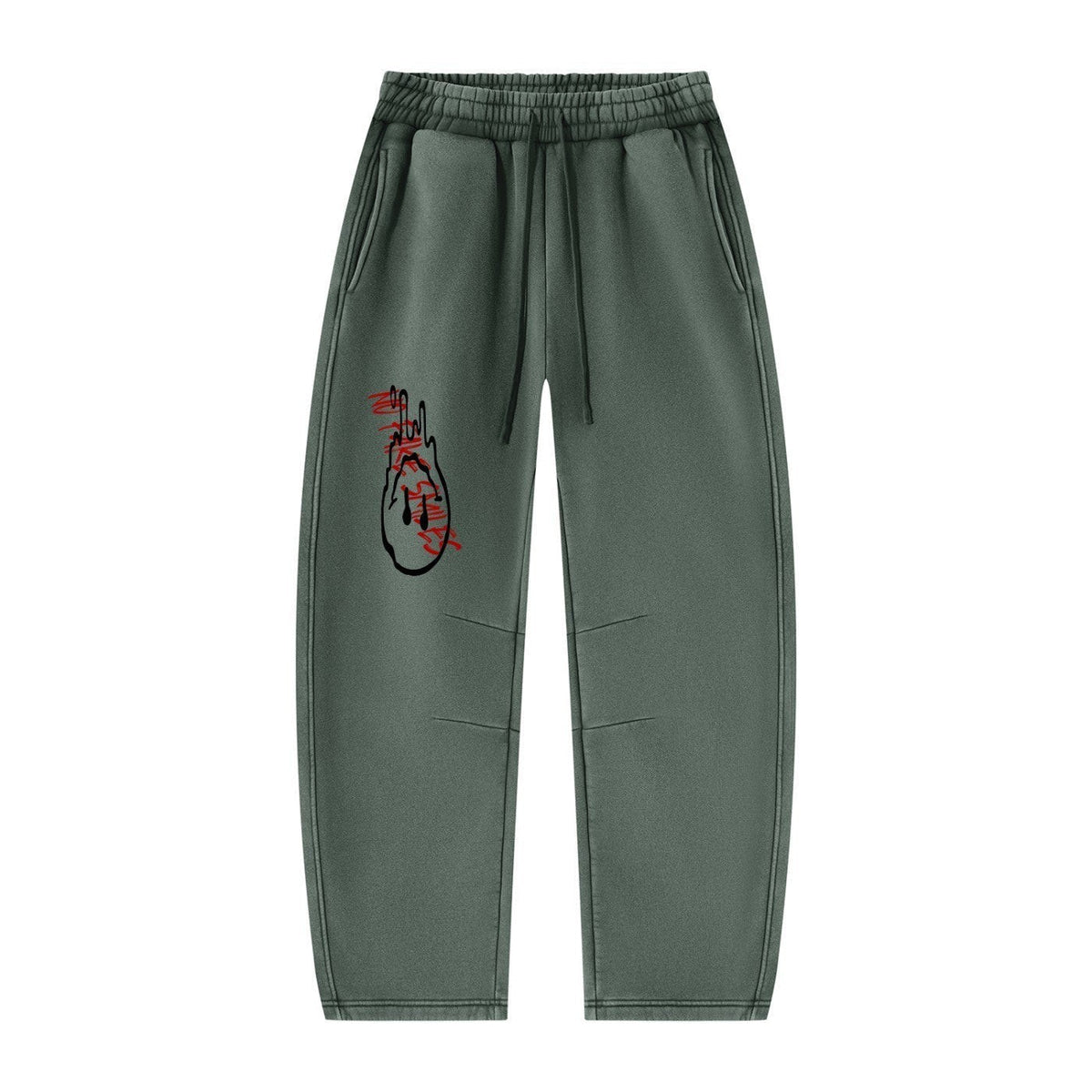 No Fake Smiles olive green fleece sweatpants with a red and black graphic print on the leg and drawstring waist.