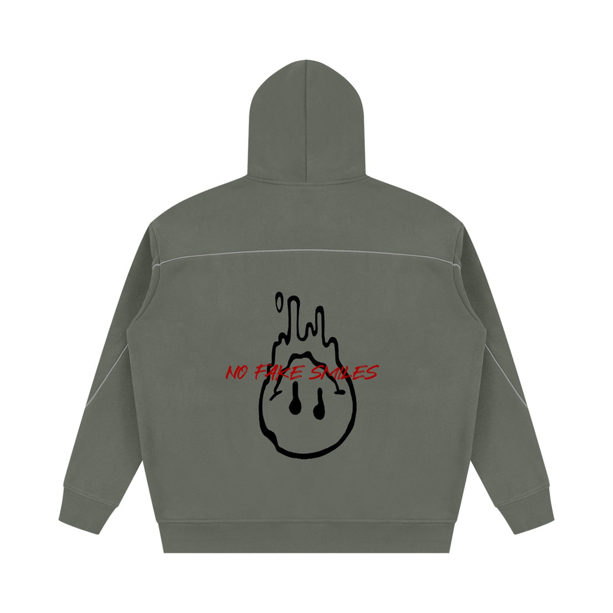 Back view of a No Fake Smiles oversized olive green fleece hoodie with a black melting smiley face graphic.