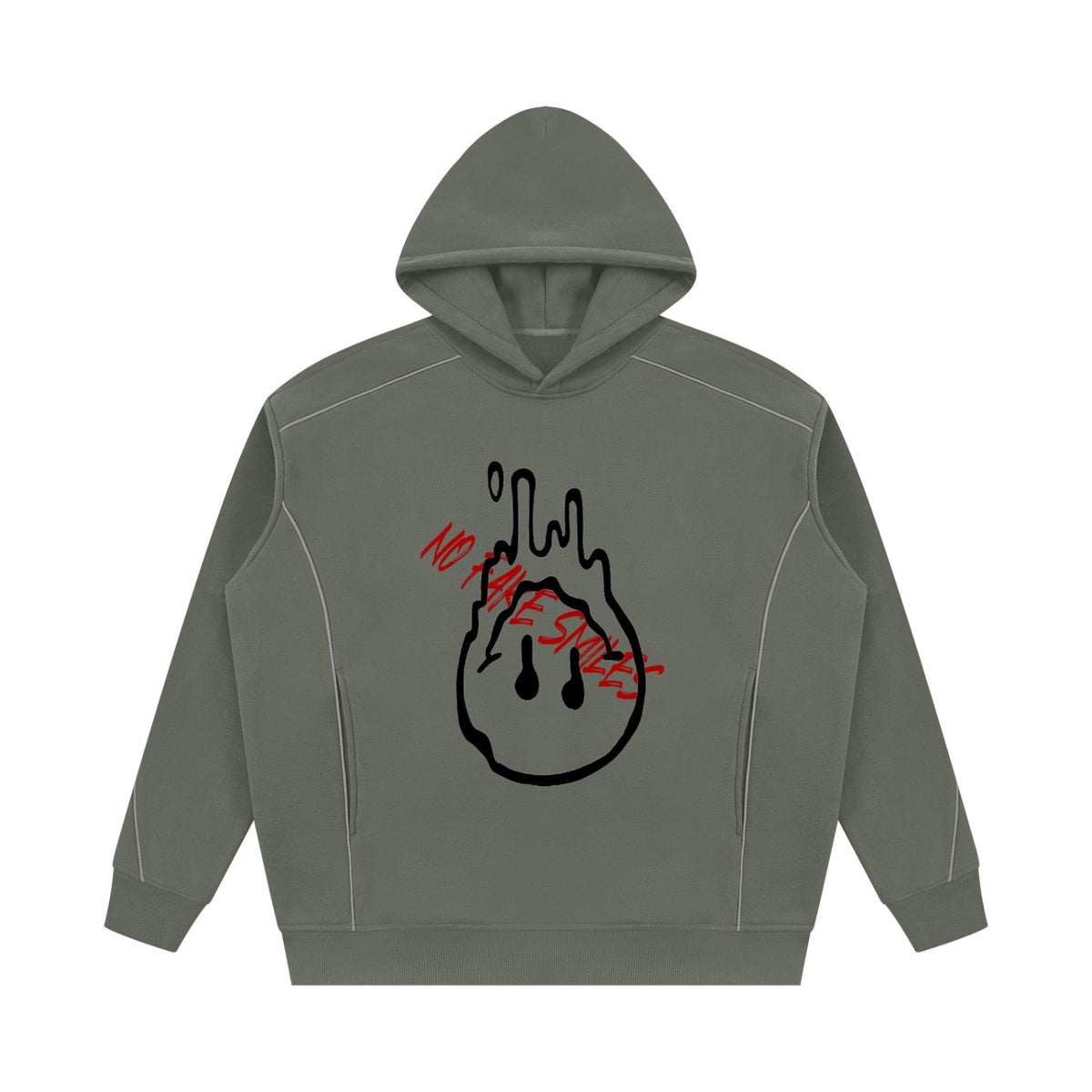 No Fake Smiles oversized olive green fleece hoodie with a black melting smiley face graphic and red slanted text.