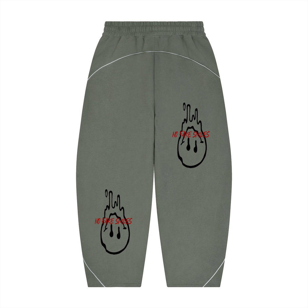 No Fake Smiles olive green fleece sweatpants with barrel leg silhouette, white piping, and dripping smiley graphics.