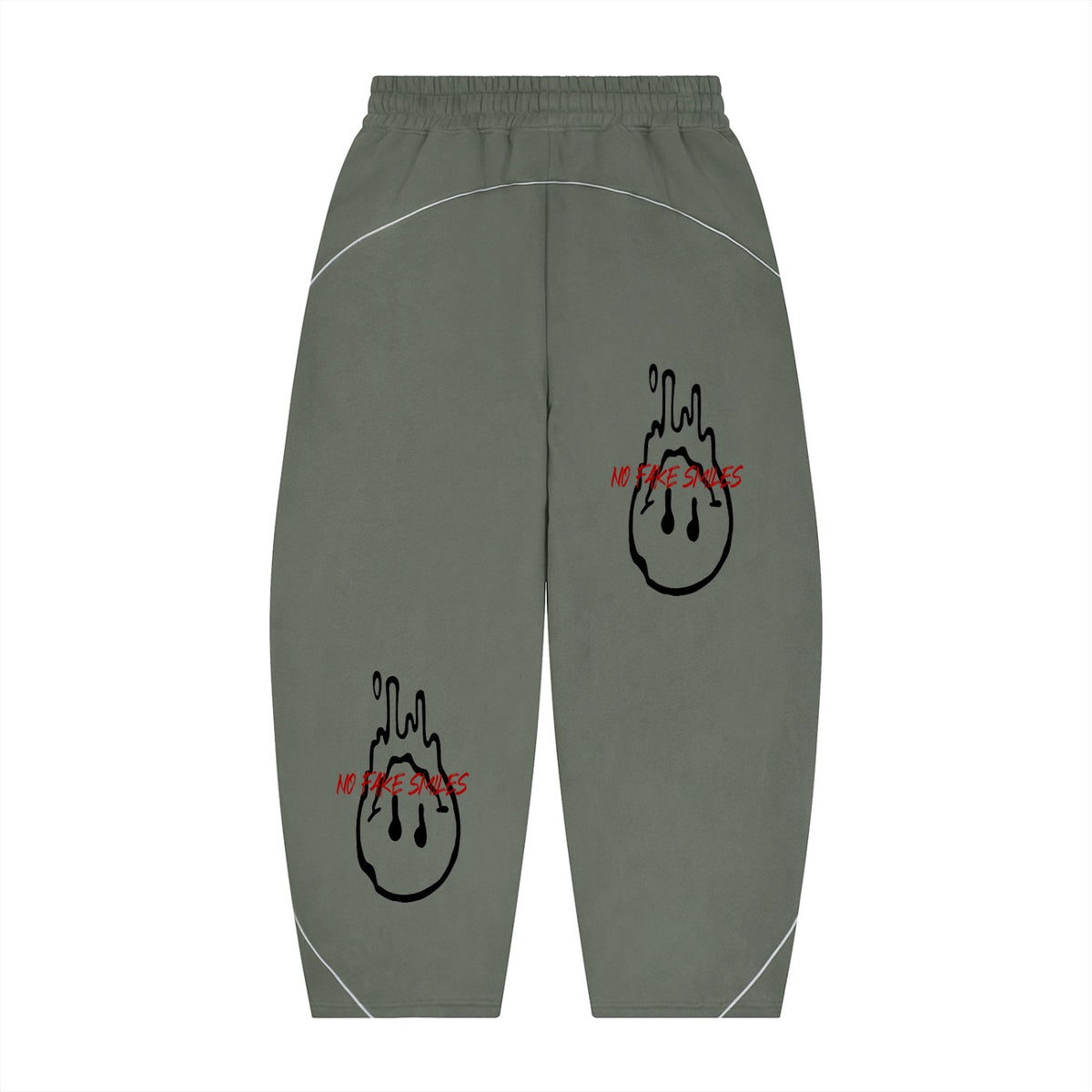 No Fake Smiles olive green fleece sweatpants with barrel leg silhouette, white piping, and dripping smiley graphics.