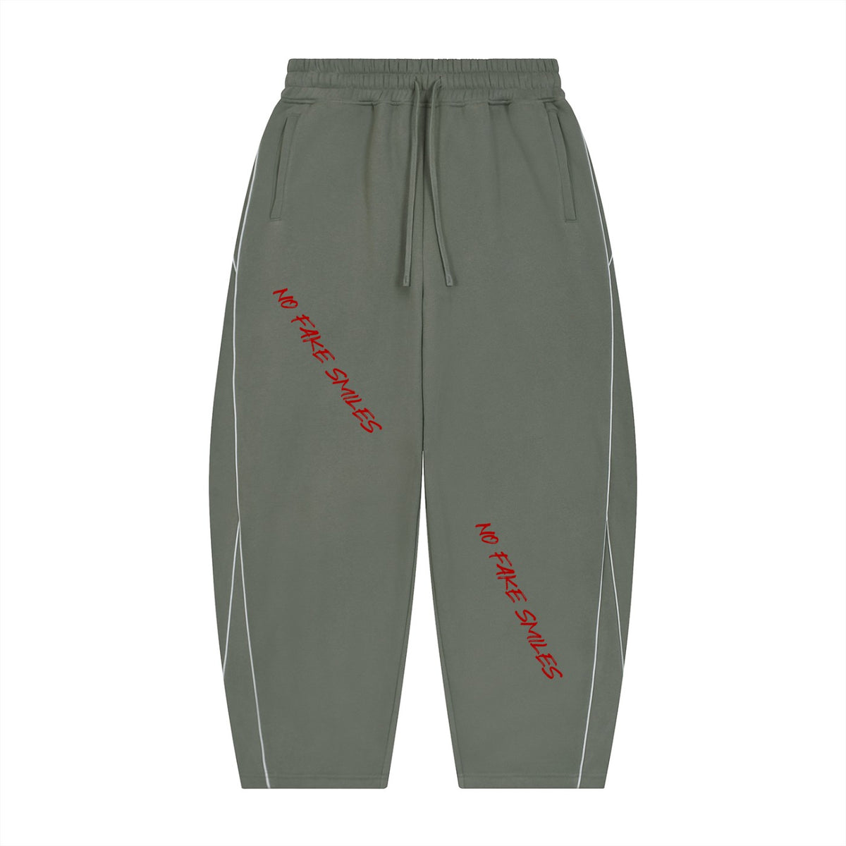 No Fake Smiles olive green fleece barrel leg sweatpants with white piping details and red slanted logo text