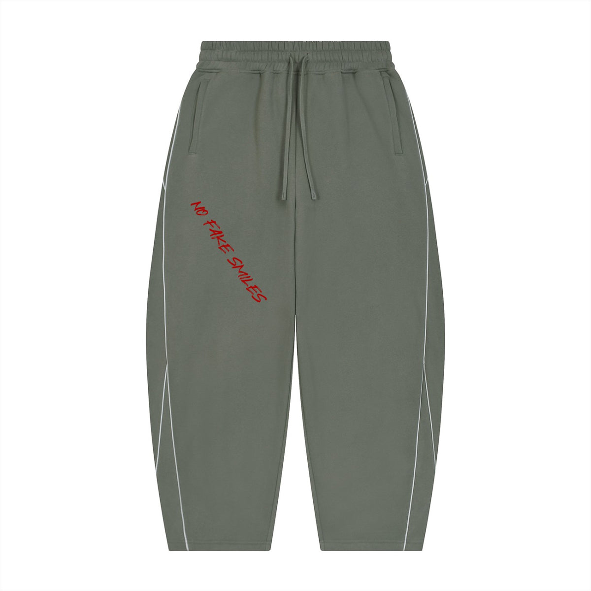 No Fake Smiles olive green fleece barrel leg sweatpants with white piping details and slanted red text on the thigh.